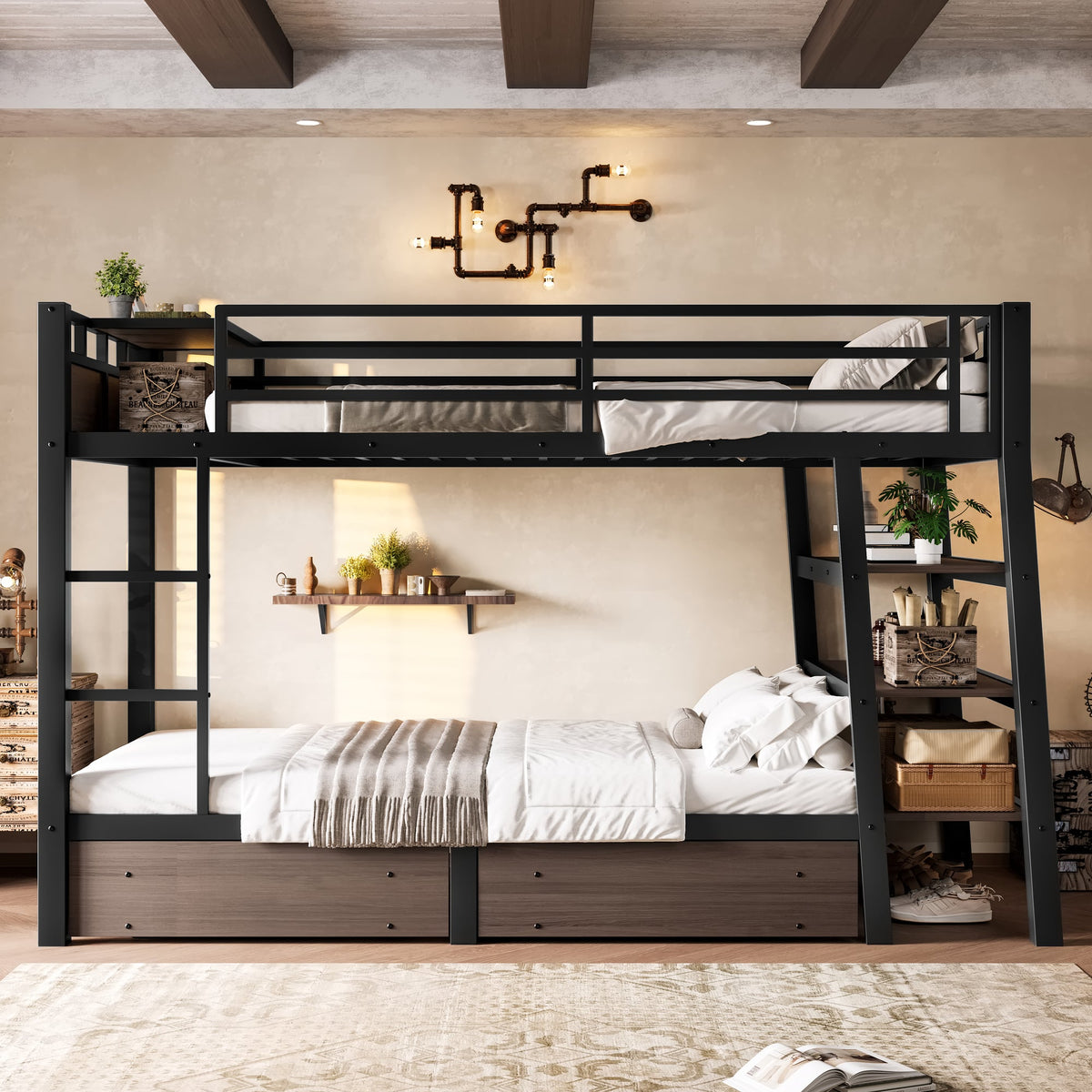 Twin Size Metal Bunk Bed with Storage Shelves and LED Light Strip - Black