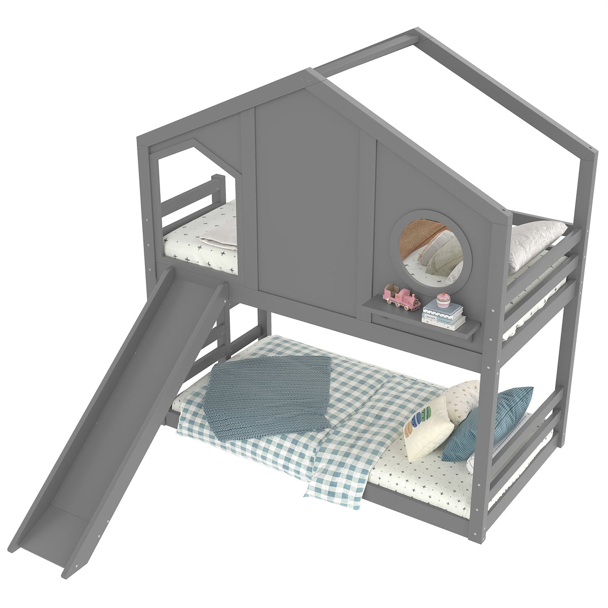 Twin House Bunk Bed with Slide and Storage Shelves - Pine Wood