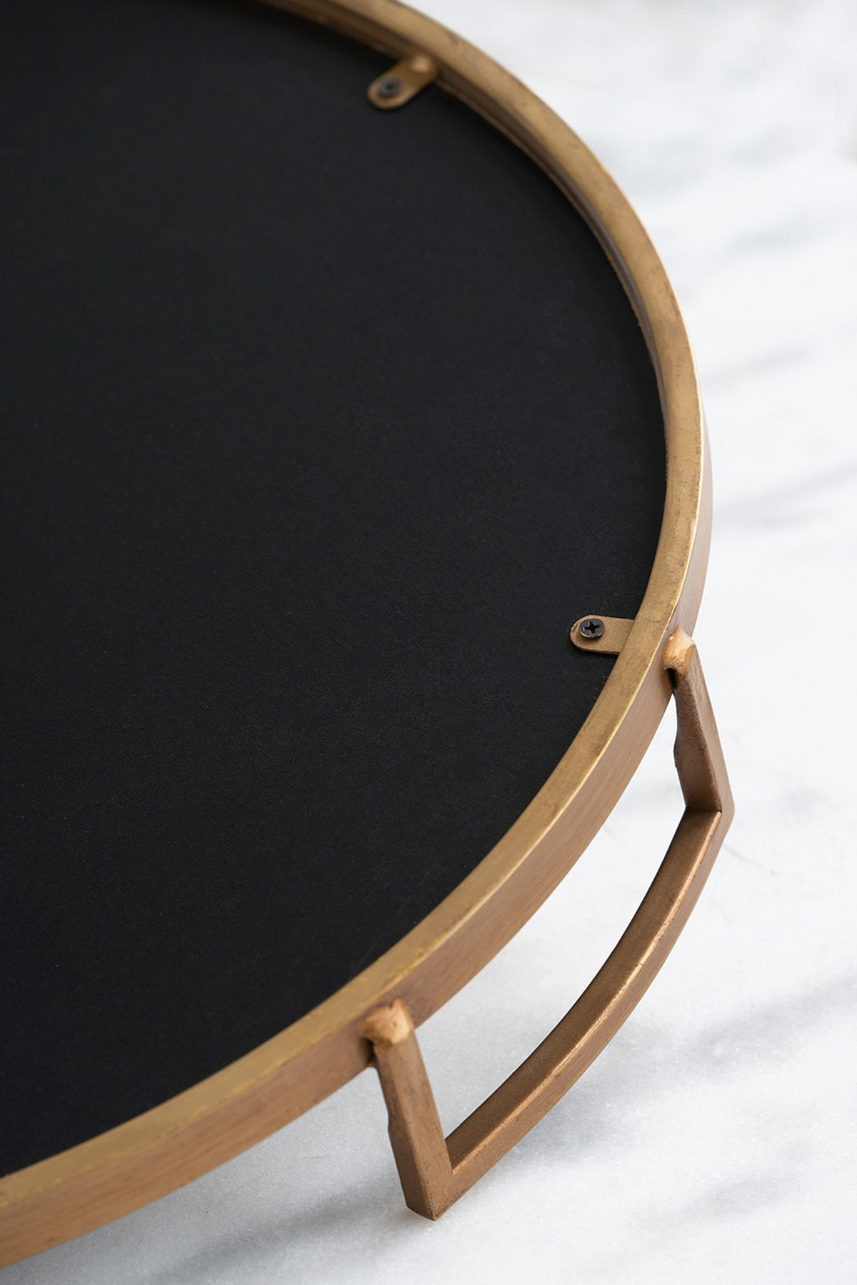 Round Decorative Tray Set with Abstract Marbled Design and Gold Handles - Black & White