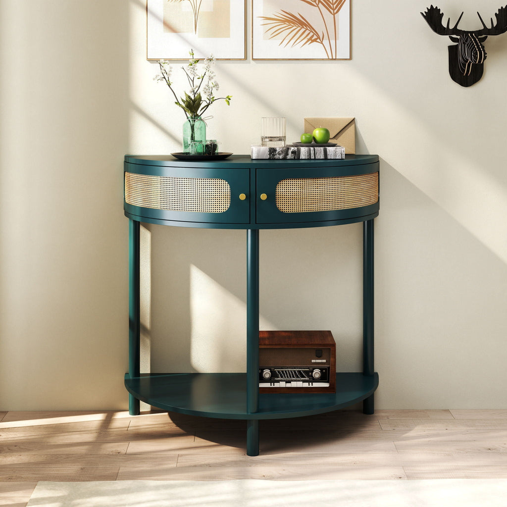 Boho Rattan Semi Circle End Table with Sliding Door and Storage - Black or Dark Green