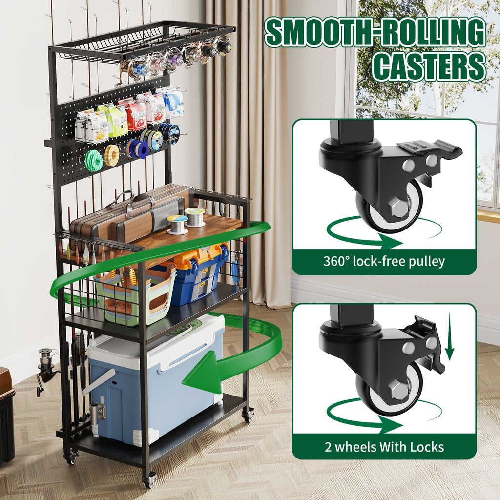 Fishing Rod Storage Rack with Pegboard - Rolling Tackle Organizer Cart - Black