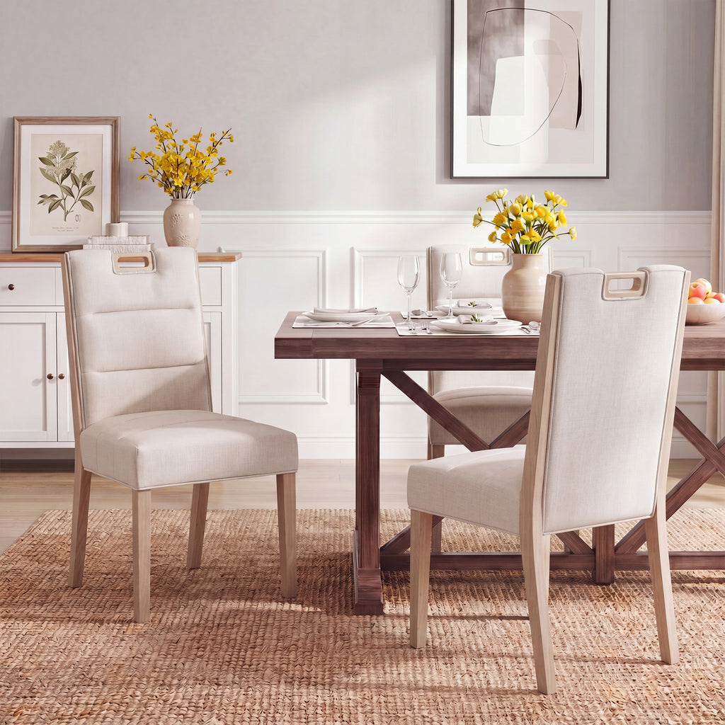 Upholstered Armless Dining Chairs with Solid Rubber Wood Frame - Beige