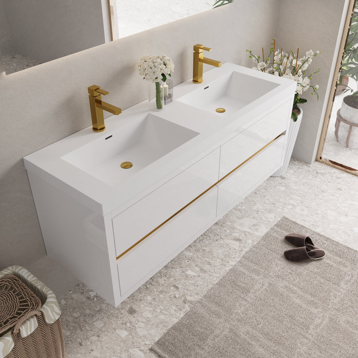 60" Floating Bathroom Vanity with Stone Resin Sink - Wall-Mount Storage Cabinet