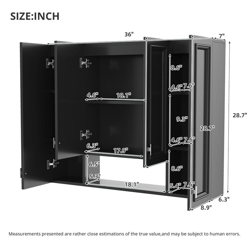 Wall Mounted Bathroom Cabinet With 5 Adjustable Shelves and Soft-Closing Hinges - Gray or Black