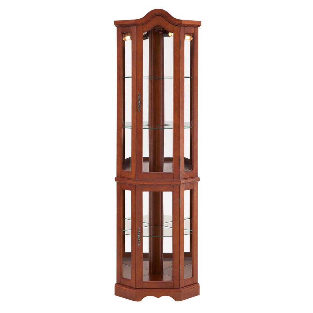 Corner Curio Cabinet with Lights and Adjustable Shelves - Walnut