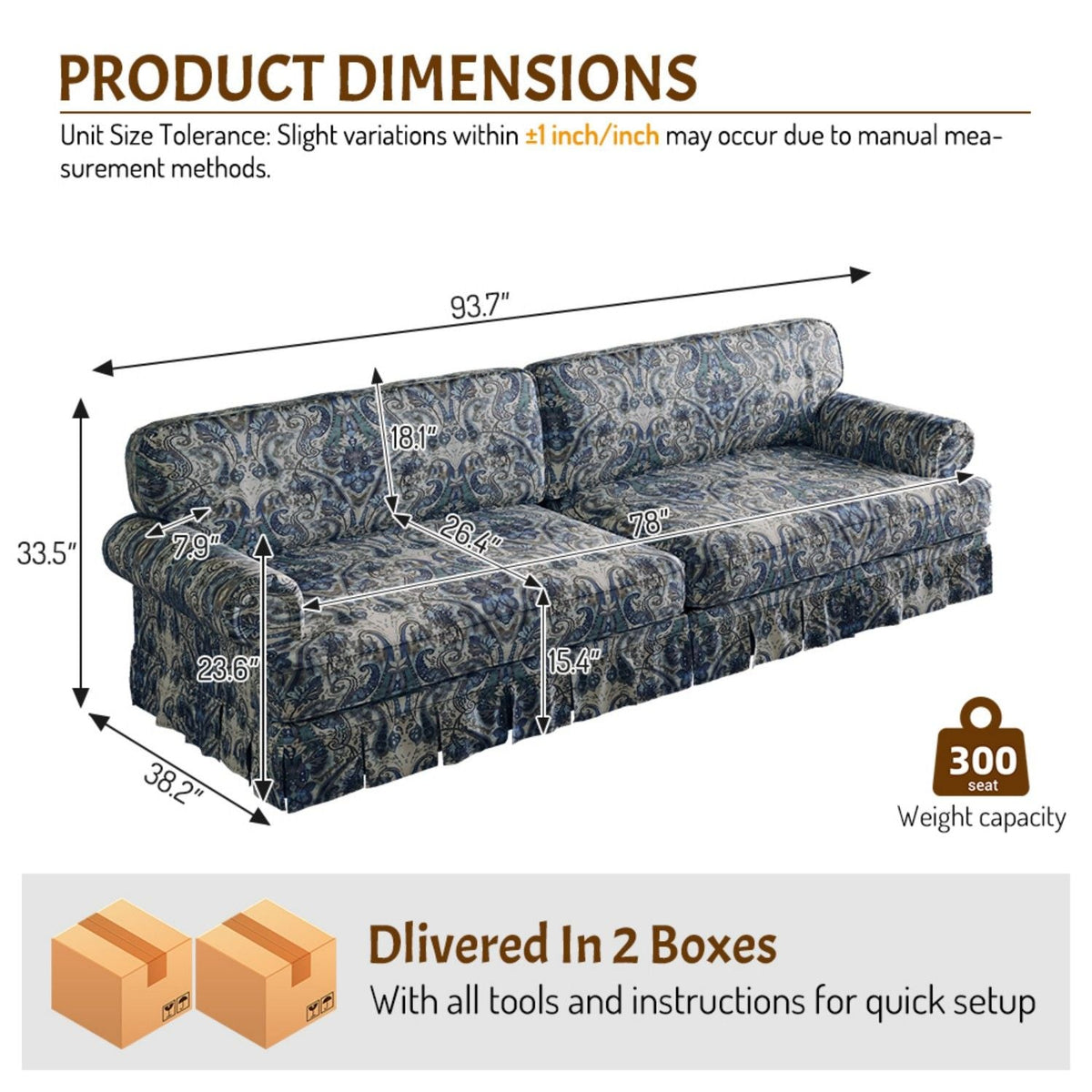 Cloud Couch Sofa with Rolled Arms and Pleated Skirt - Beige, Blue, or Light Brown