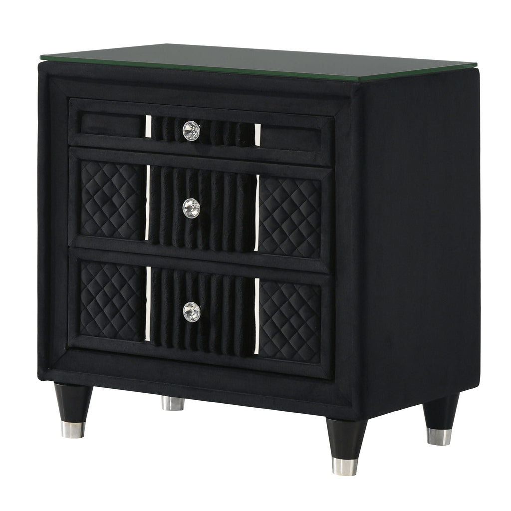 Black Upholstered Nightstand with Crystal Knobs – Luxurious Storage