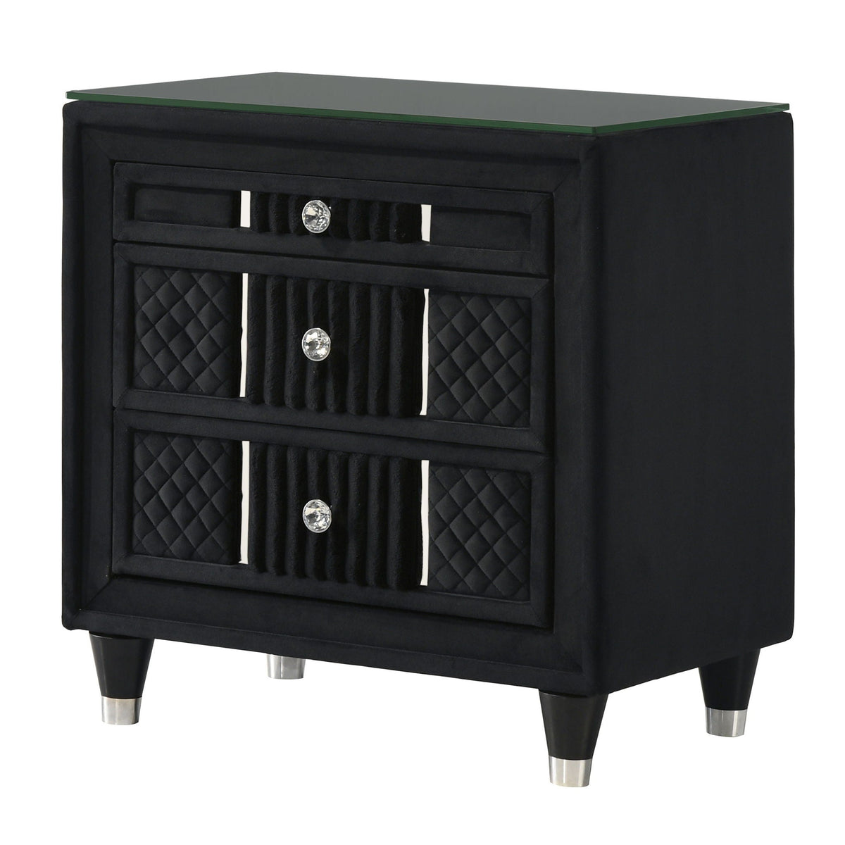 Black Upholstered Nightstand with Crystal Knobs – Luxurious Storage