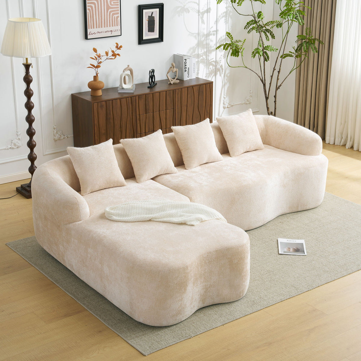 Modular L-Shape Sectional Sofa with Curved Chaise - Green, Beige, Gray