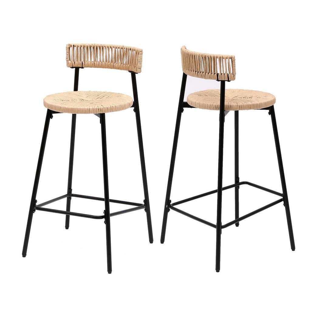 Boho Style Handwoven Paper Rope Counter Stools with Rubber Wood Frame - Light Brown or Beige