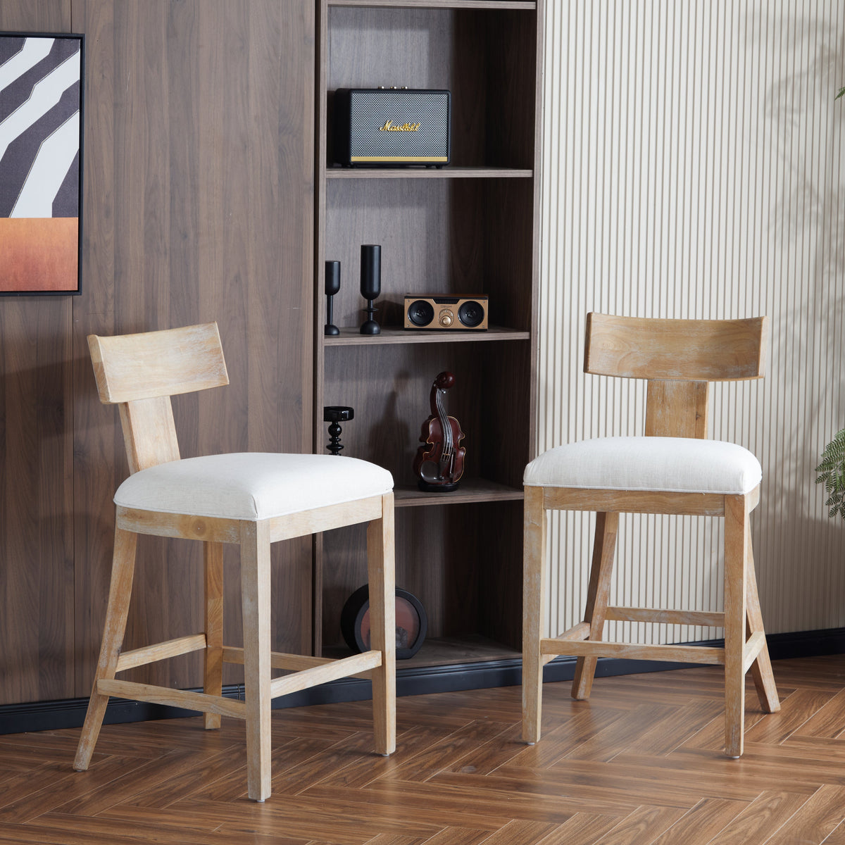 27" Upholstered Counter Stools Set of 2 with Solid Rubber Wood Frame - Beige & Natural