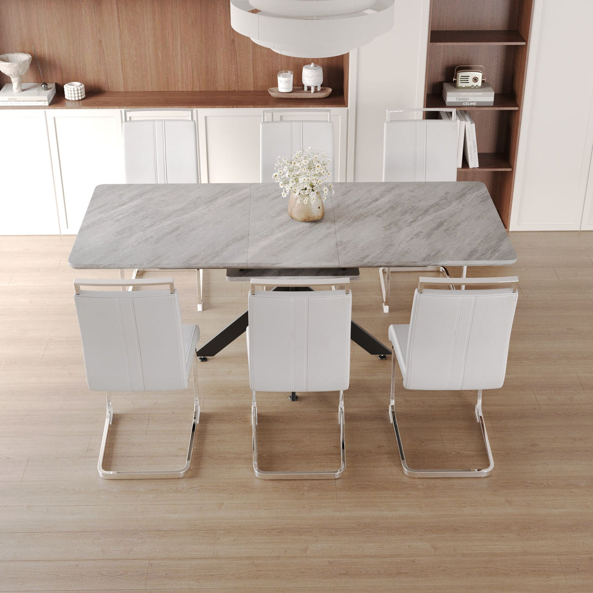 Modern Extendable Dining Table Set with Soft Padded Armless Chairs - White, Gray, or Dark Gray