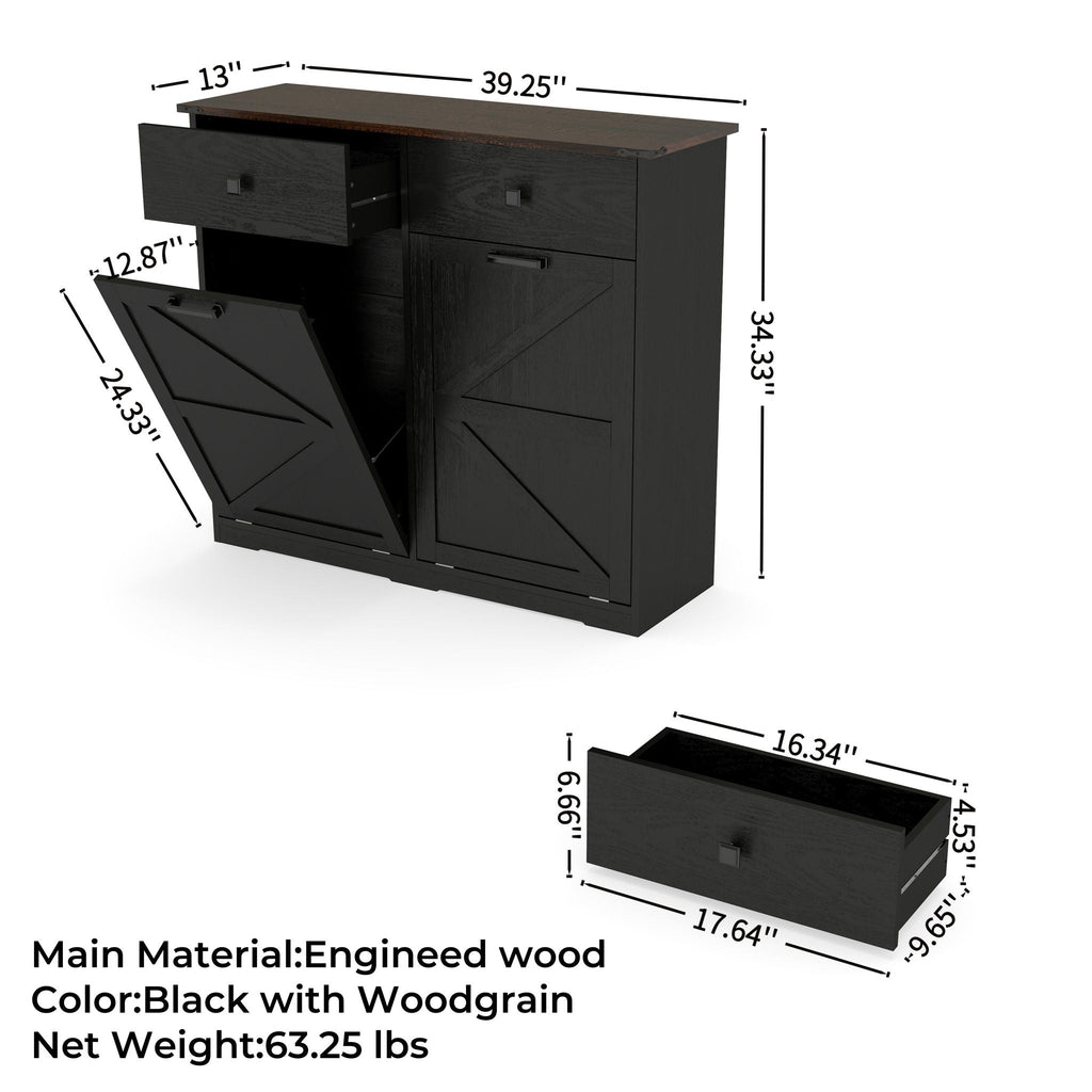 Double Tilt Out Trash Cabinet with Hideaway Drawer - Barn Door Style