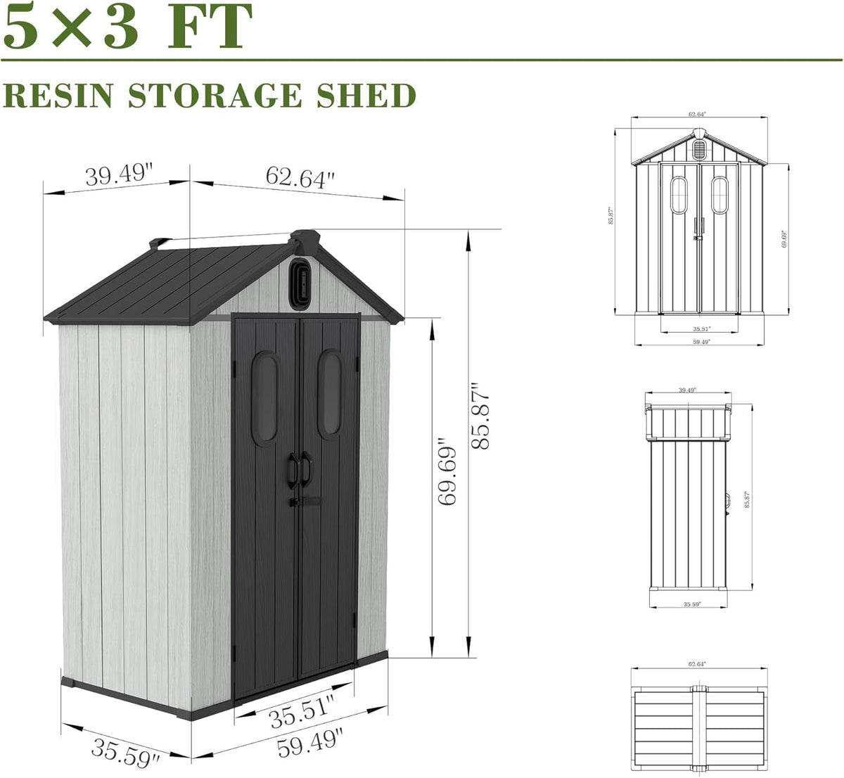 5x3FT Outdoor Resin Storage Shed with Transparent Windows & Louvered Vents - Gray