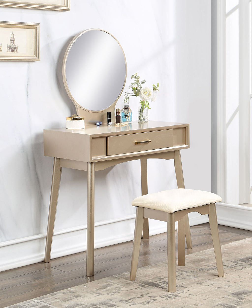 Contemporary Wood Vanity Set with Mirror and Stool - Gold