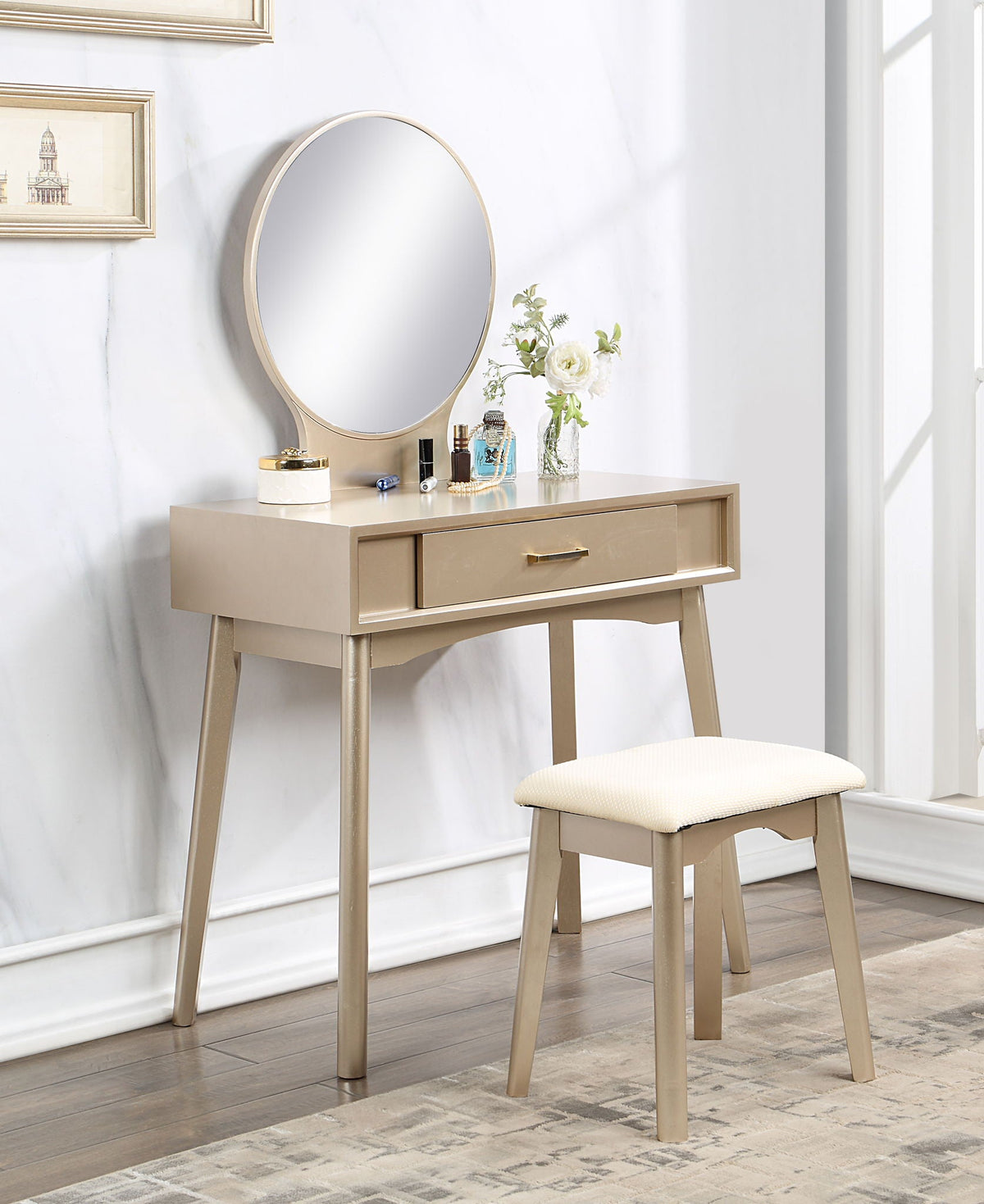 Contemporary Wood Vanity Set with Mirror and Stool - Gold