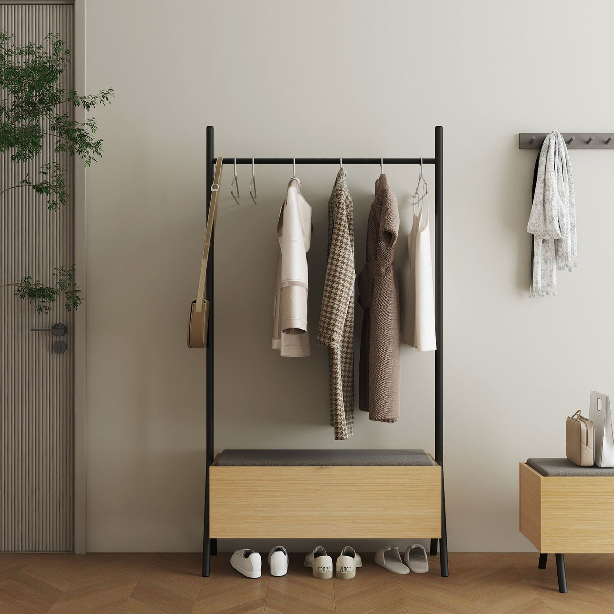 Open Hanging Closet with Upholstered Bench Storage - Light Oak