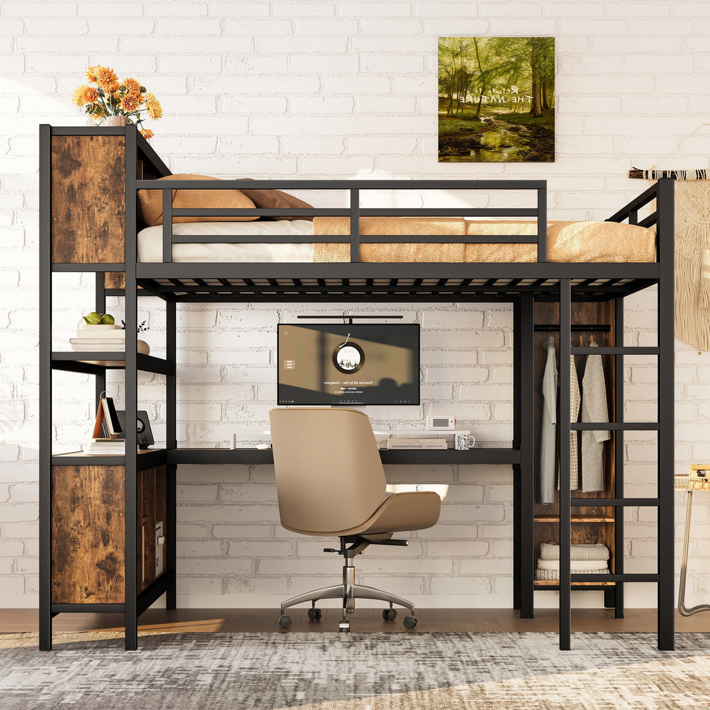 Metal Loft Bed with L-Shaped Desk and Wardrobe - Queen Size