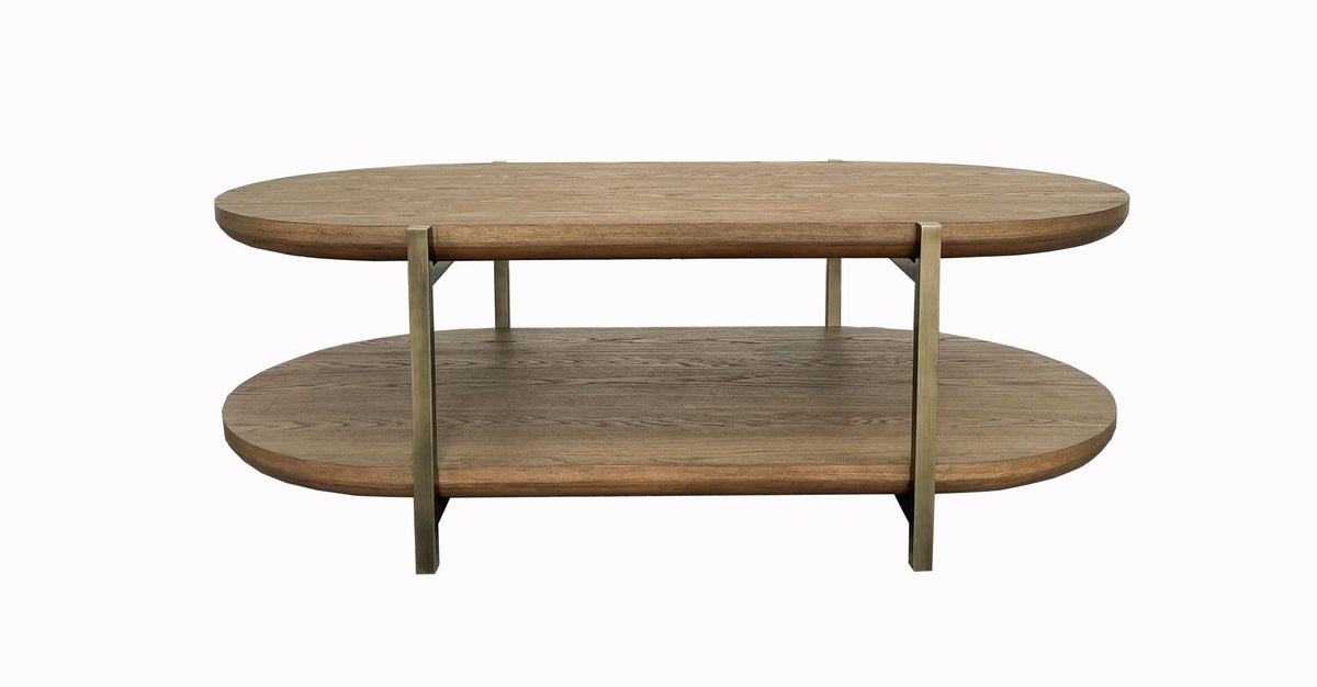 Light Brown Cocktail Table with Storage Shelf - Contemporary MDF & Elm Veneer
