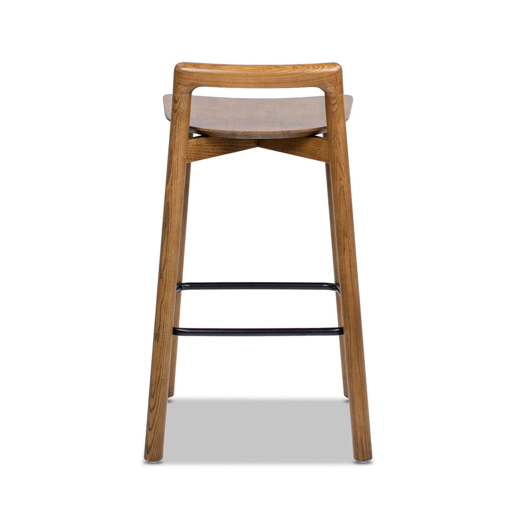 Modern Minimalist Low Back Counter Stool with Ash Wood Construction - Dark Brown Walnut