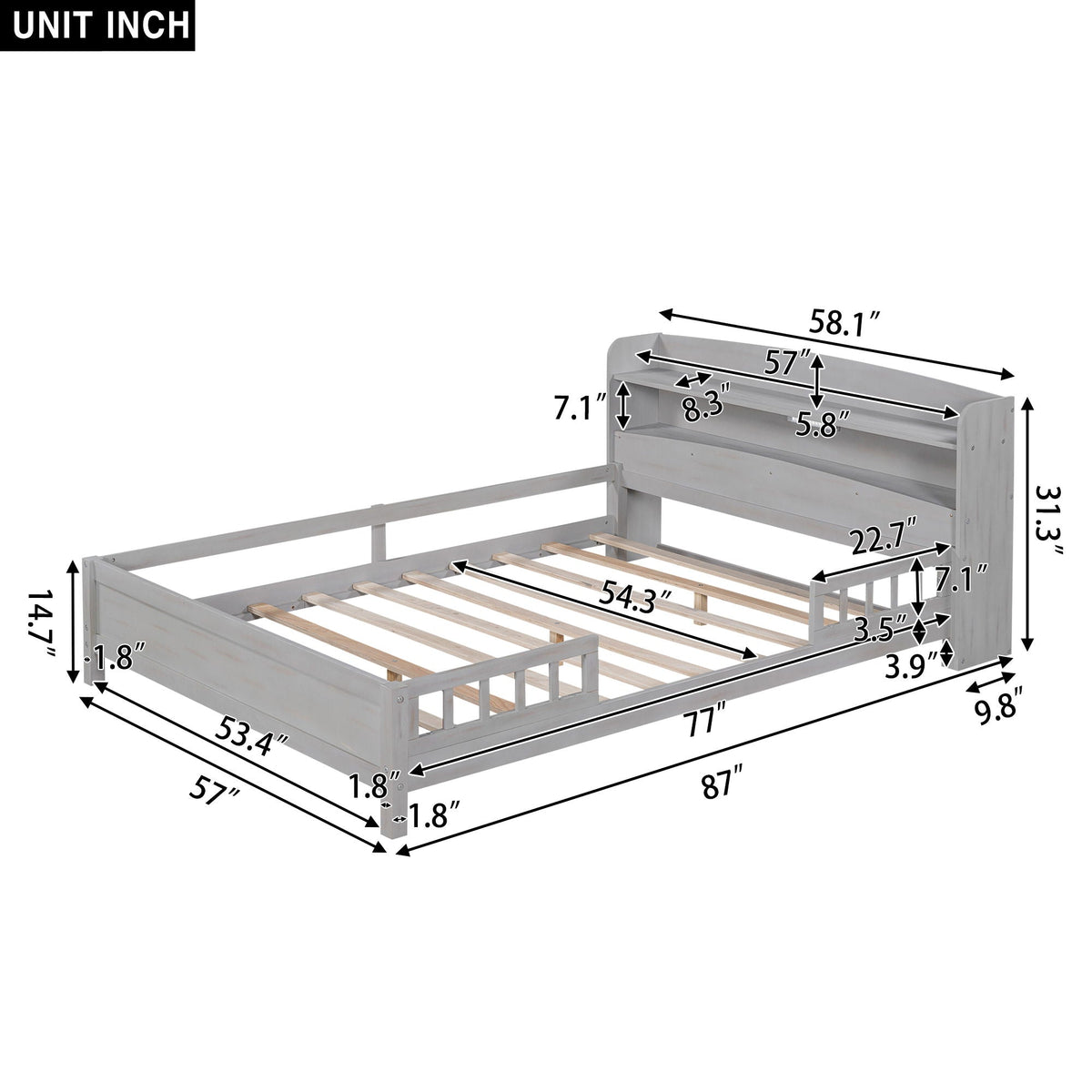 Wood Platform Storage Bed with LED Light & Storage Headboard - White or Dark Gray