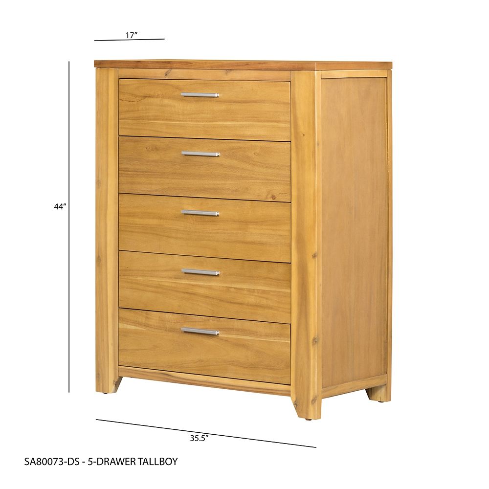 Natural Wood 5 Drawer Dresser with Ample Storage - Brown