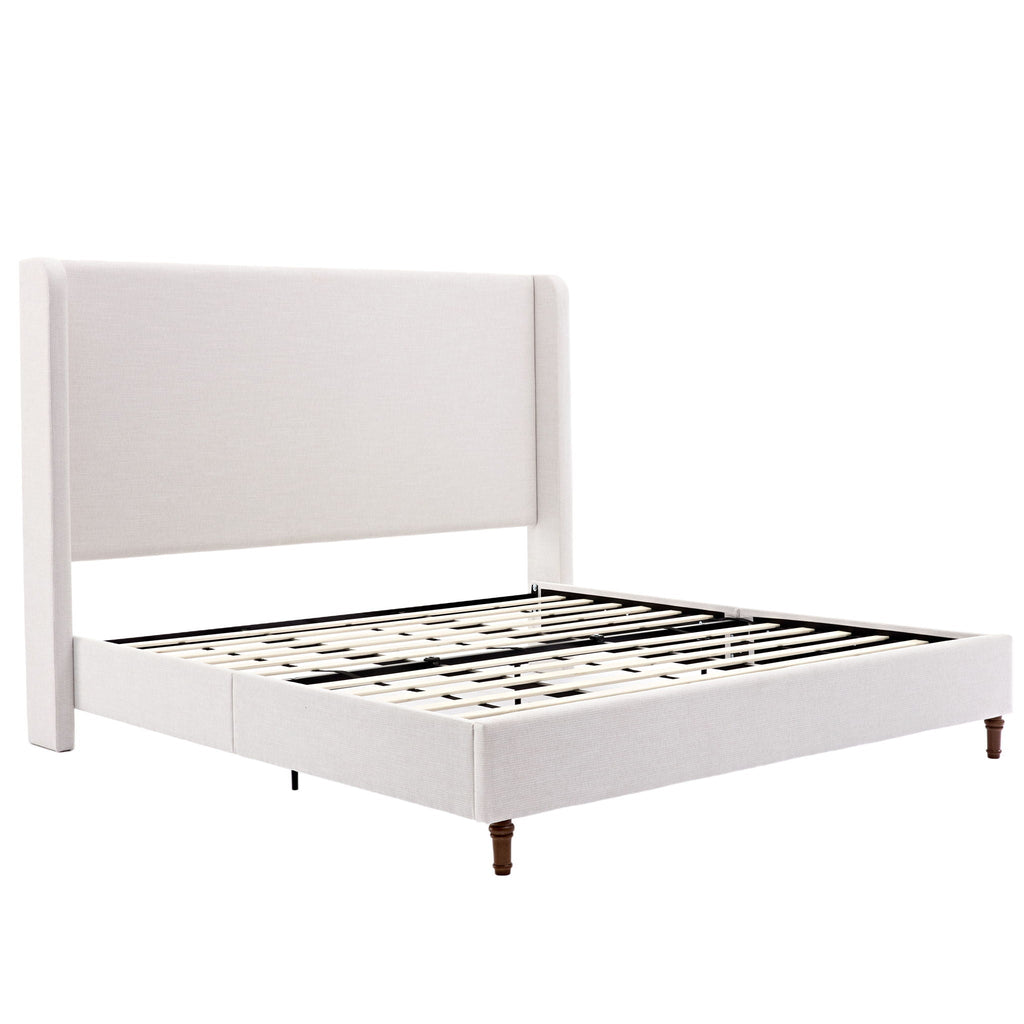 Tall Headboard Upholstered Bed with No Box Spring Needed - Cream