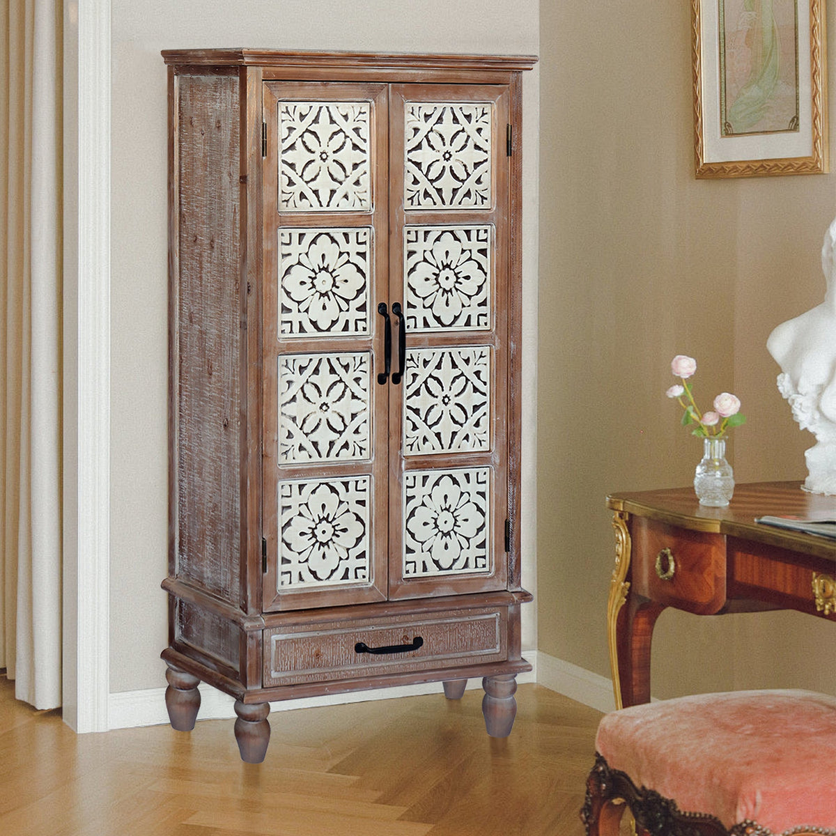 Tall Tower Storage Cabinet with Enclosed Compartments - Rustic Wood