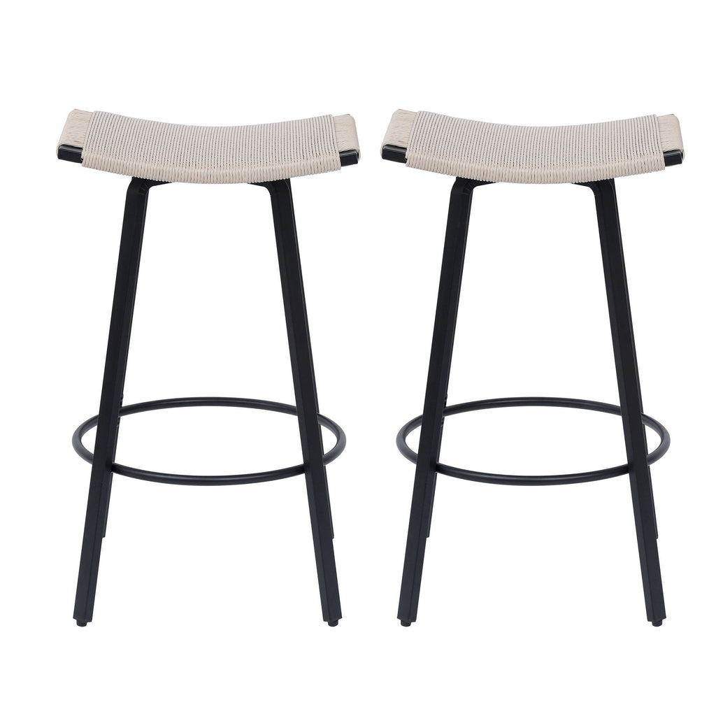 Counter Height Bar Stools Backless Handwoven Set with Round Footrest - Creamy White