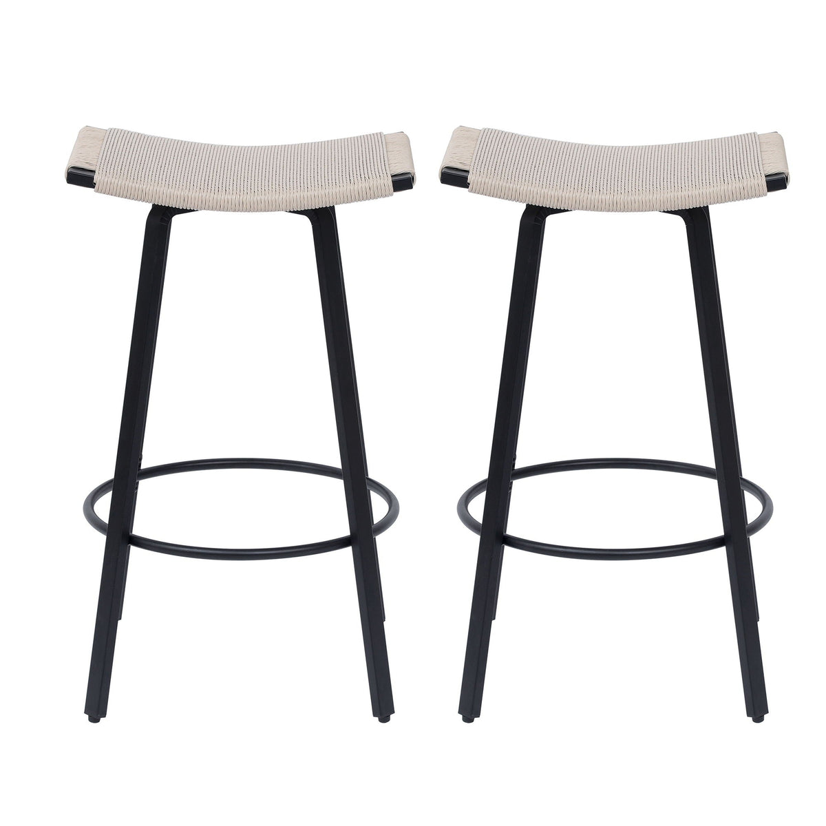 Counter Height Bar Stools Backless Handwoven Set with Round Footrest - Creamy White