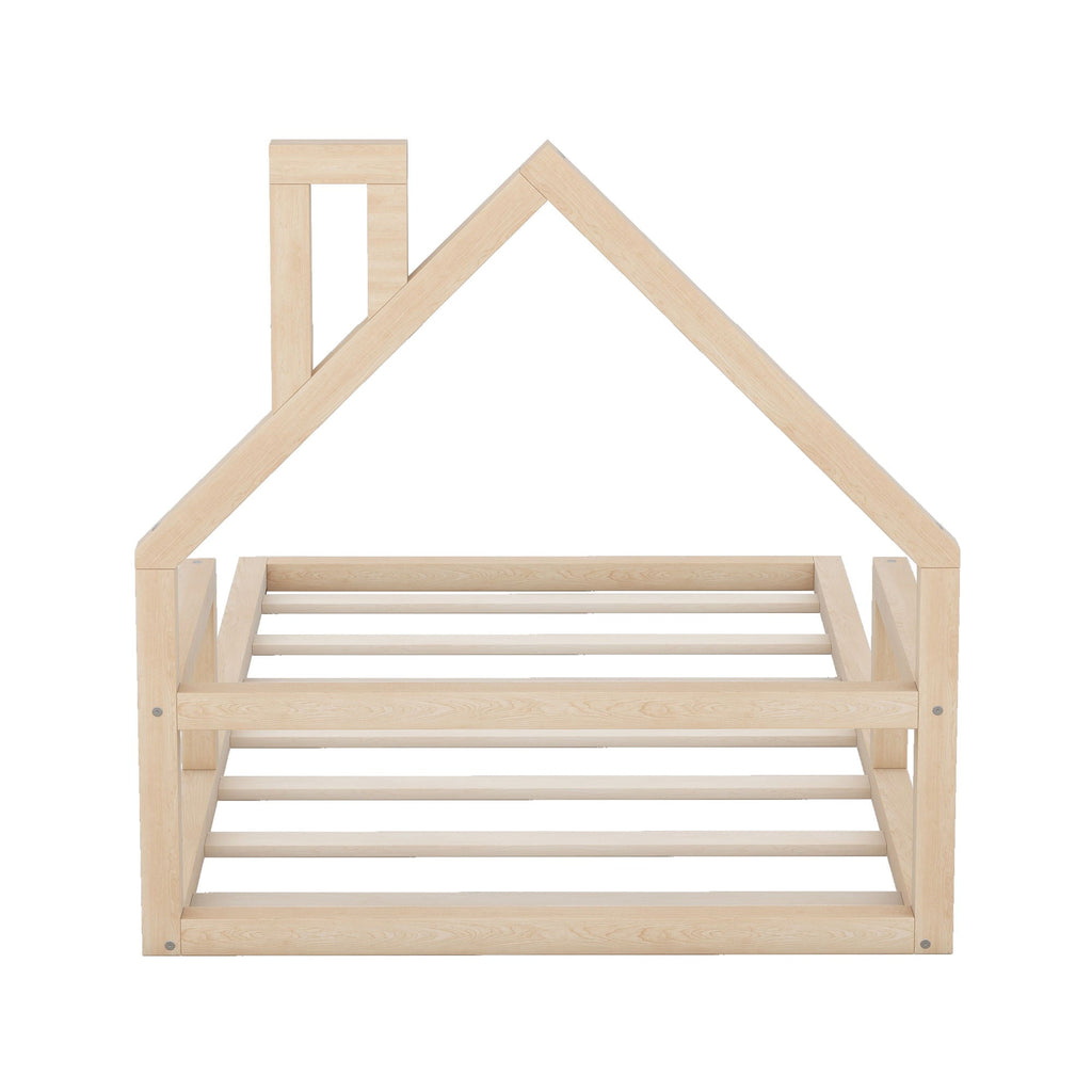 Floor Bed With House Shaped Headboard - Twin Size, Solid Pine - White or Light Brown