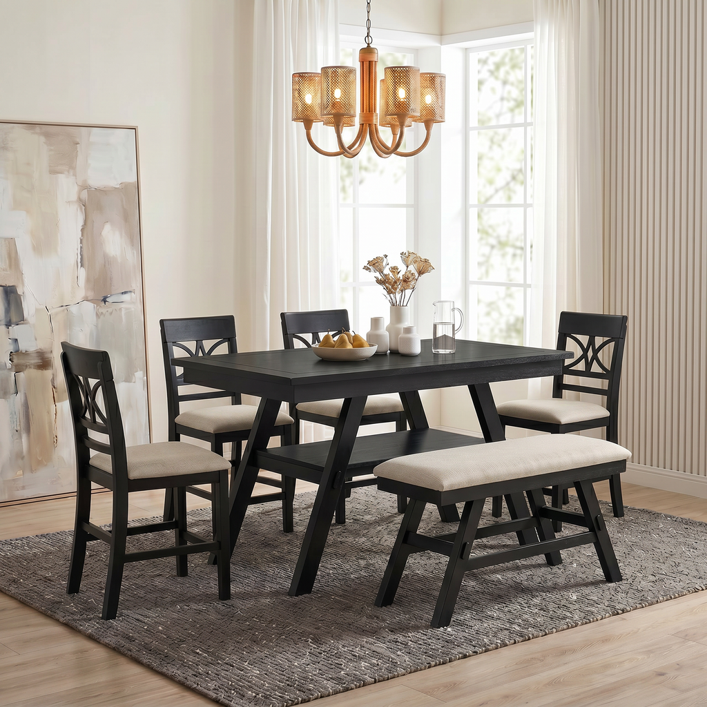 6 Piece Counter Height Dining Table Set with Storage Shelf - Espresso Wood