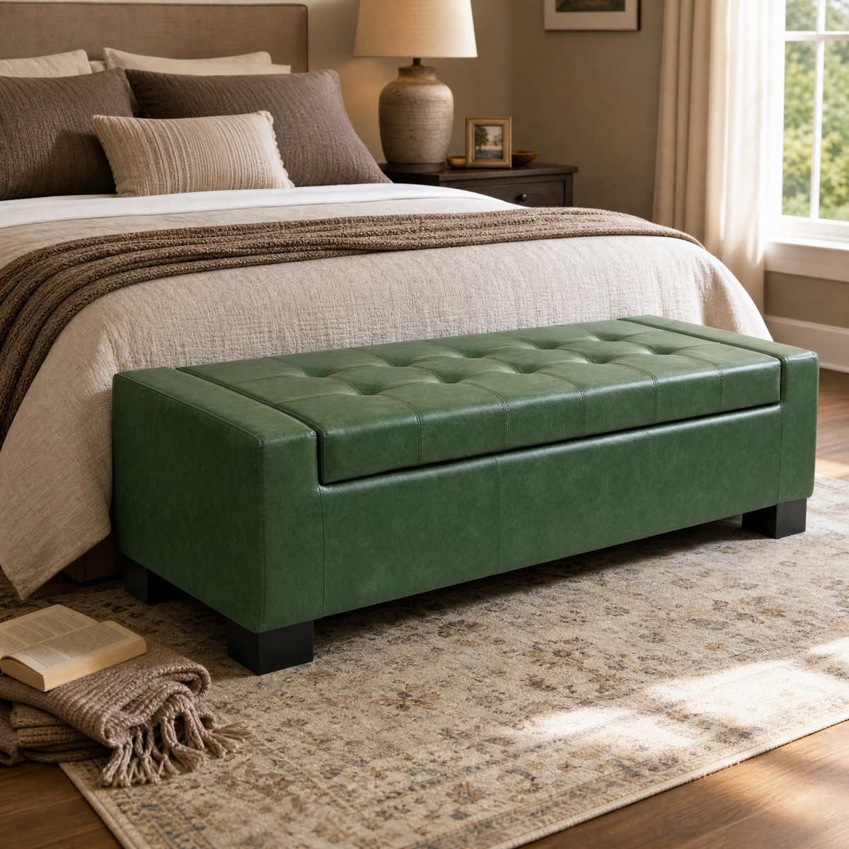 Green Storage Ottoman Bench with Solid Wood Legs - Green