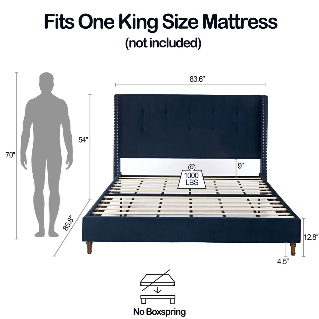 Upholstered Bed with 54" High Headboard and Hand Buttoned Tufting - White or Blue