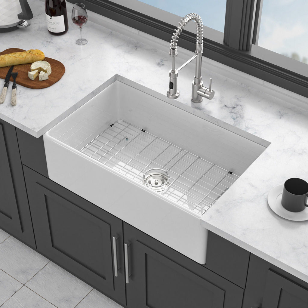 Ceramic Farmhouse Sink with Deep Basin and Stainless Steel Grid - White