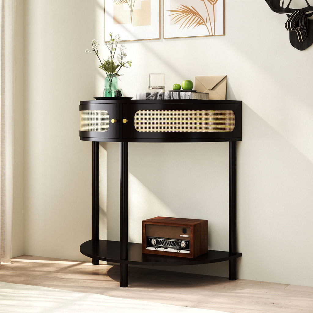 Boho Rattan Semi Circle End Table with Sliding Door and Storage - Black or Dark Green