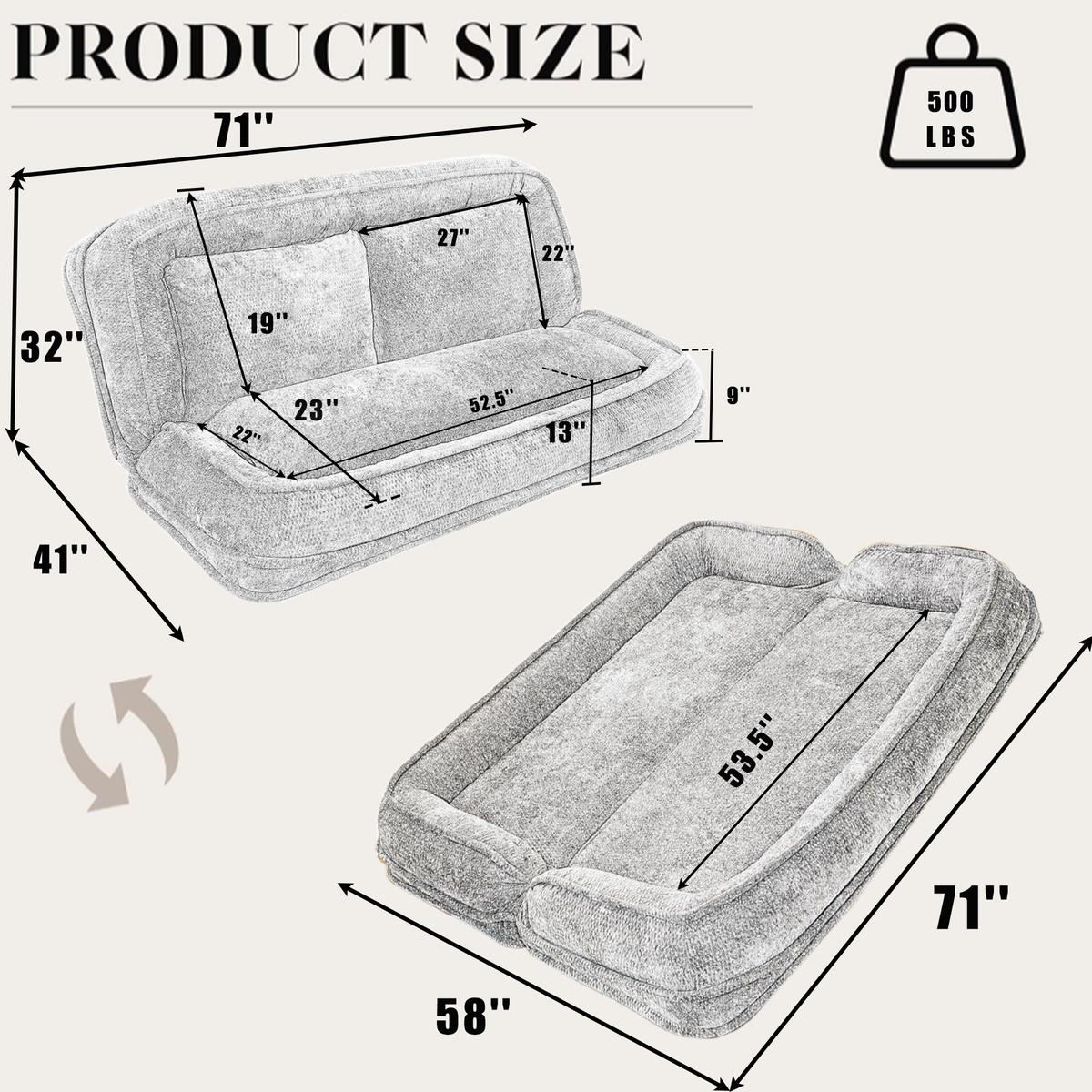 Double Human Dog Bed Loveseat - Extra Large Floor Couch with Adjustable Comfort