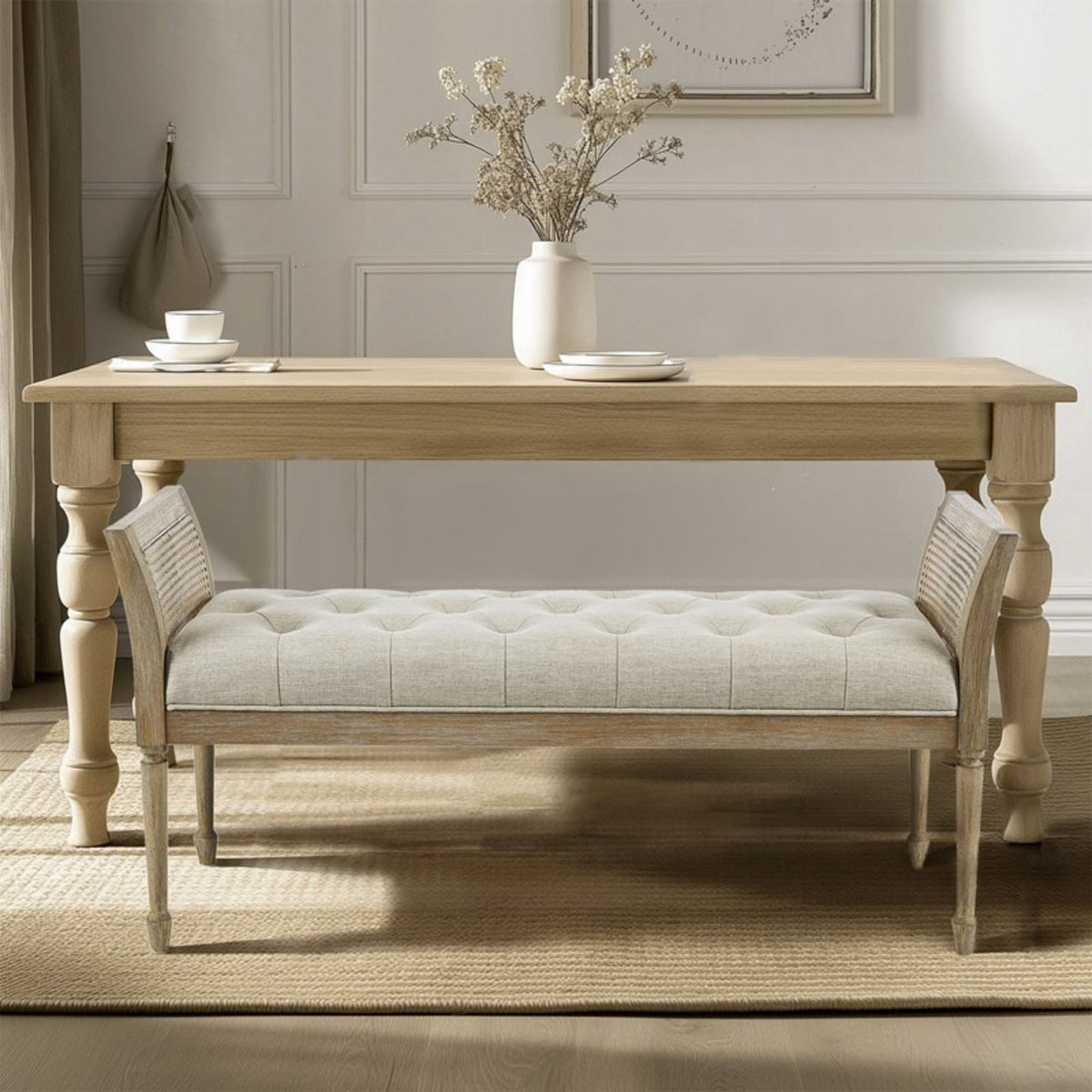 Natural Accent Bench with Arm and Tufted Upholstered Seat