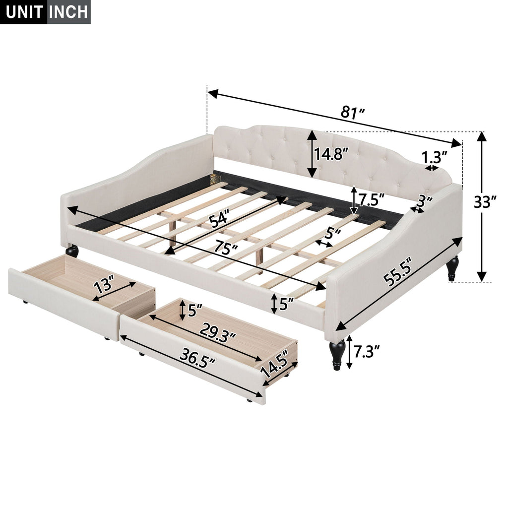 Upholstered Tufted Daybed with Storage Options - Beige