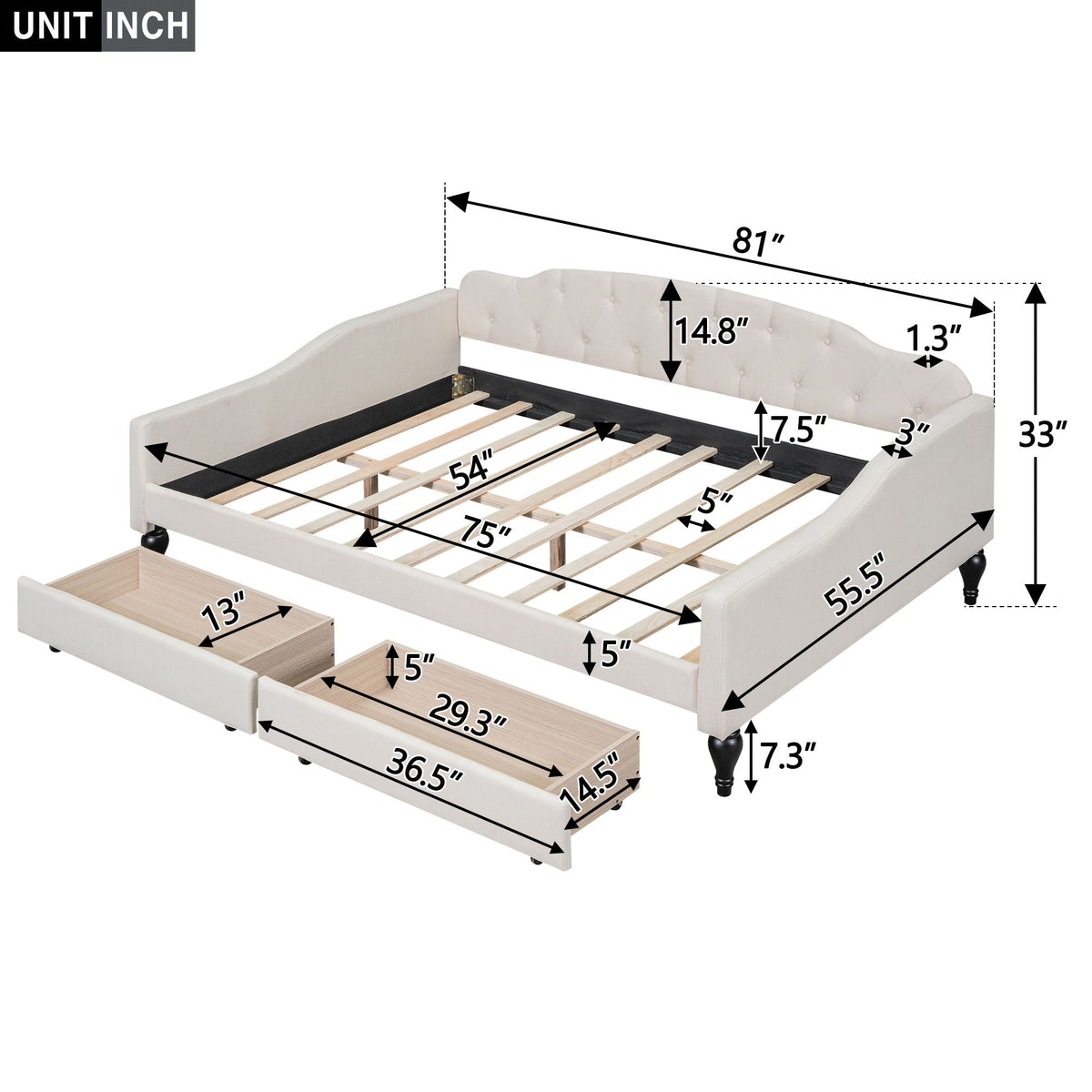 Upholstered Tufted Daybed with Storage Options - Beige
