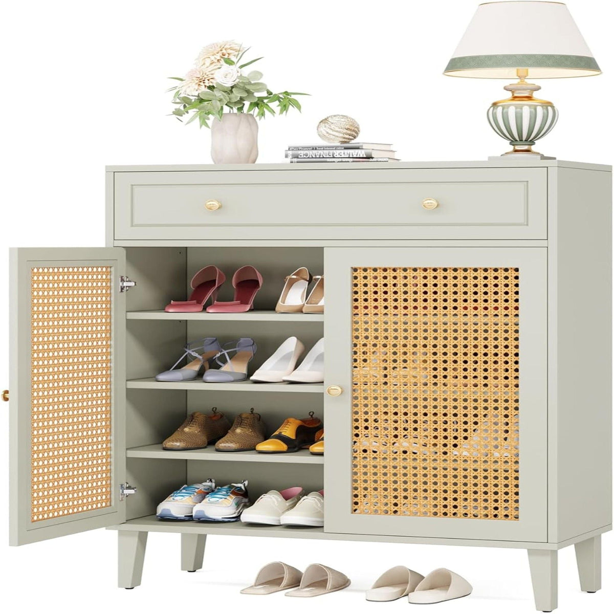 Mint Green Shoe Cabinet With Rattan Doors and Drawer - 4 Tier Storage Organizer