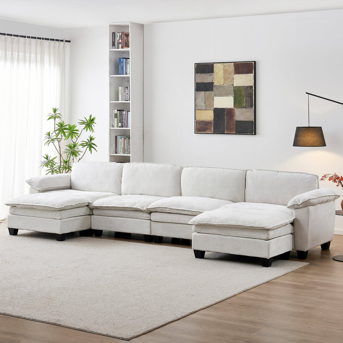 Luxury Four-Seater U-Shape Sofa with Two Ottomans - Chenille