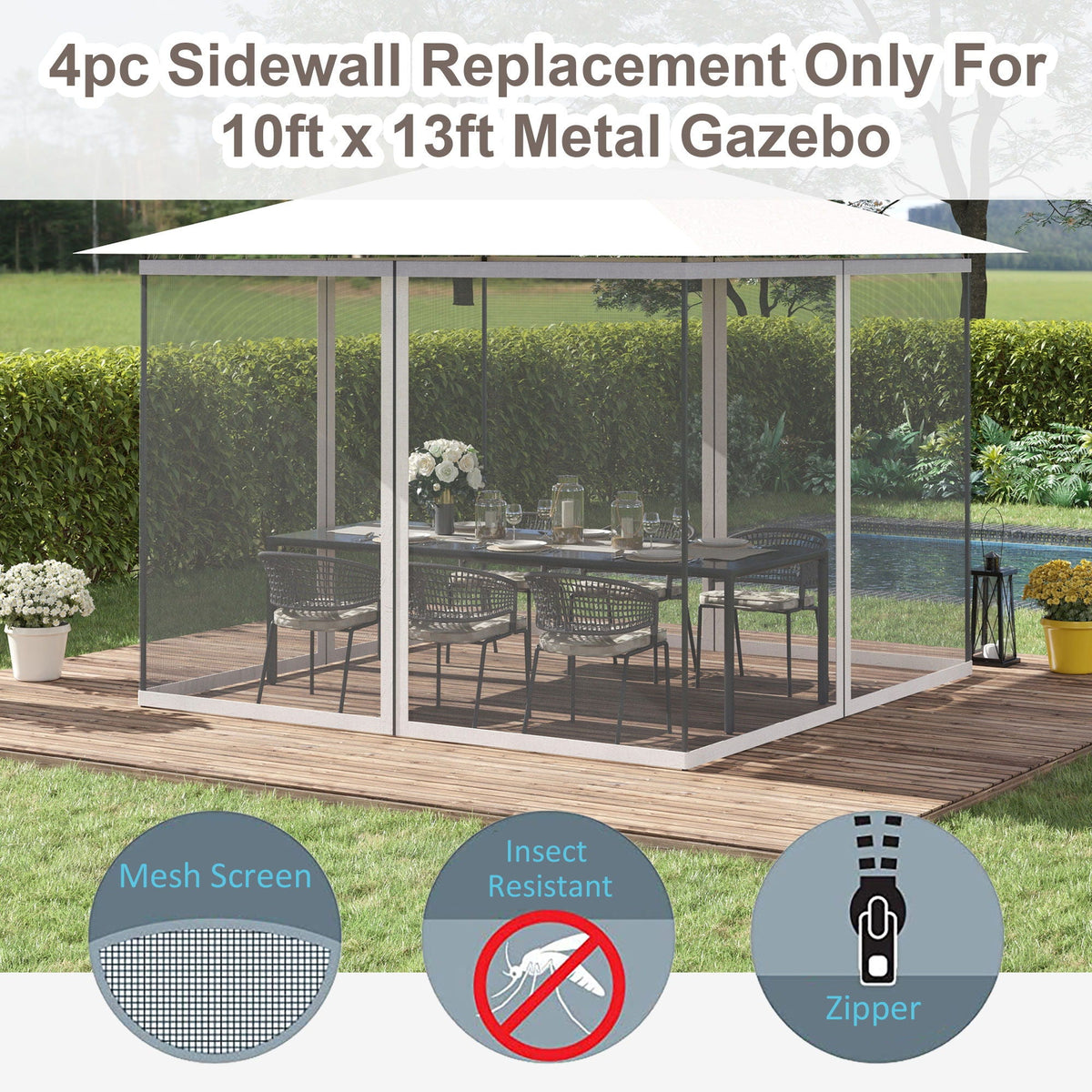 10' x 13' Replacement Mesh Sidewall Netting with Zippers - White