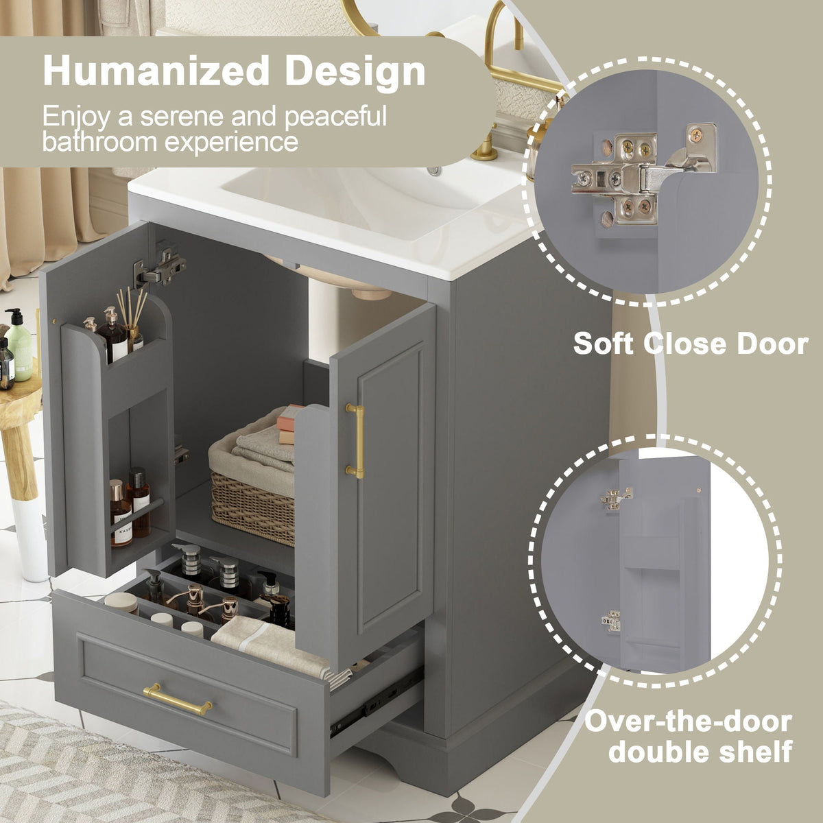 Bathroom Vanity with Sink and Soft Close Doors - White, Black, Green, or Gray