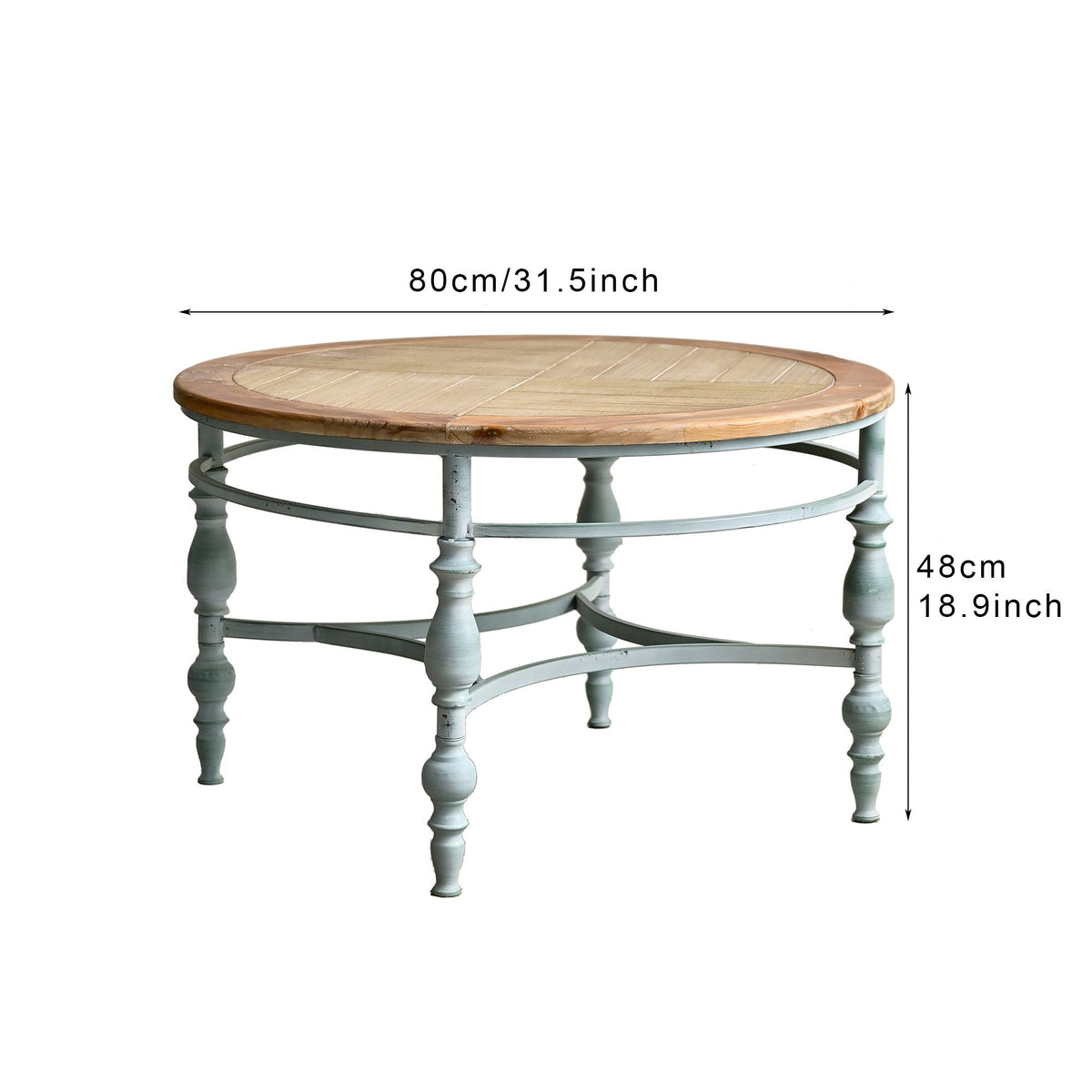 Round Top Carved Coffee Table with Metal Legs - Light Brown