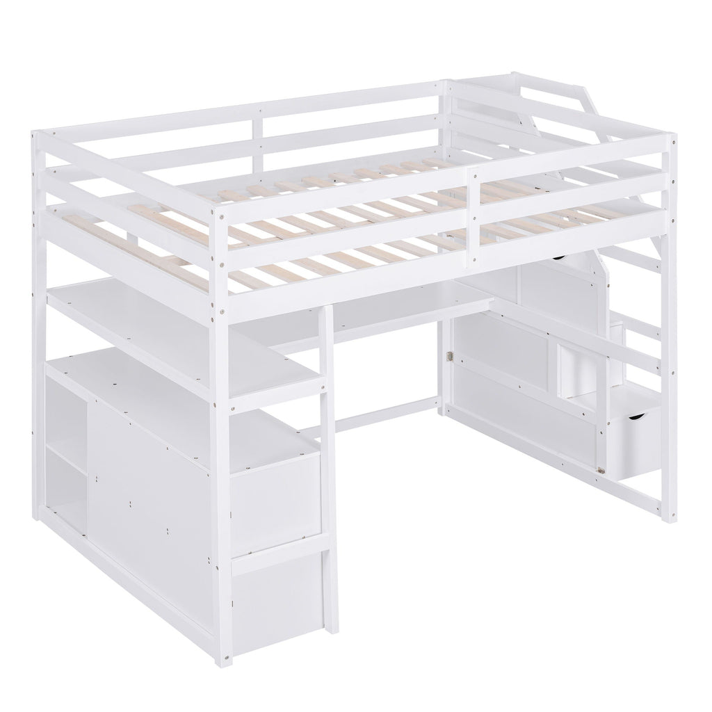 Loft Bed with Desk and Storage Staircase - Full or Twin, White or Gray