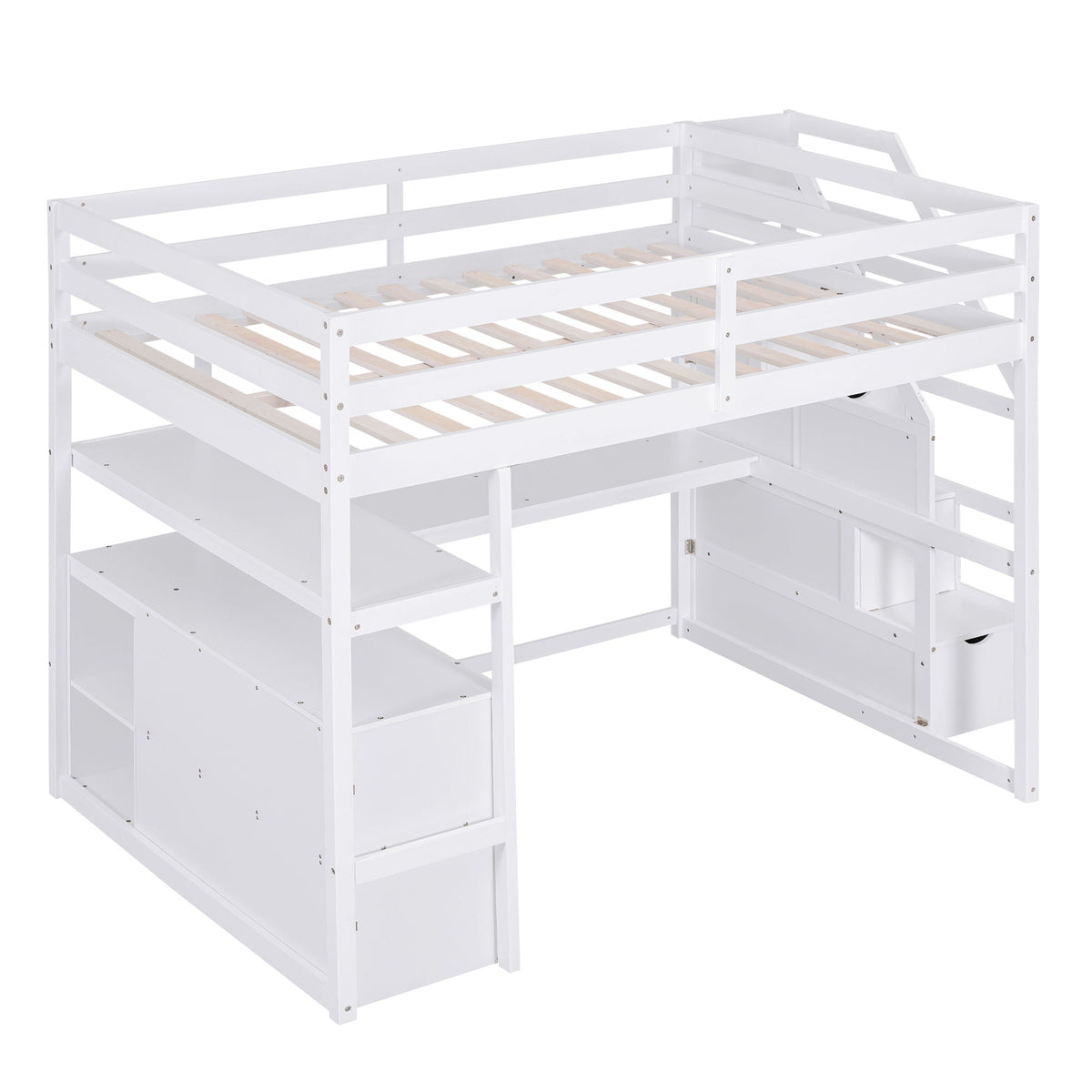 Loft Bed with Desk and Storage Staircase - Full or Twin, White or Gray