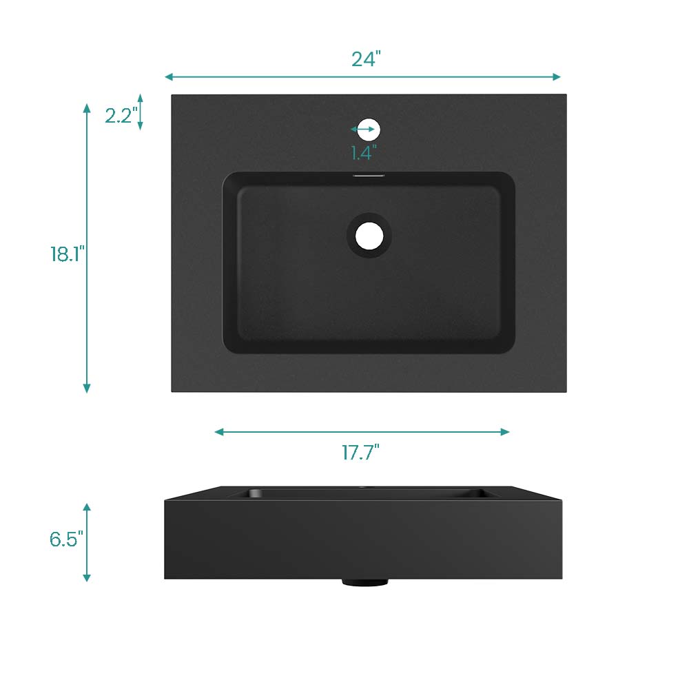 Matte Black Integrated Solid Surface Bathroom Basin with Overflow