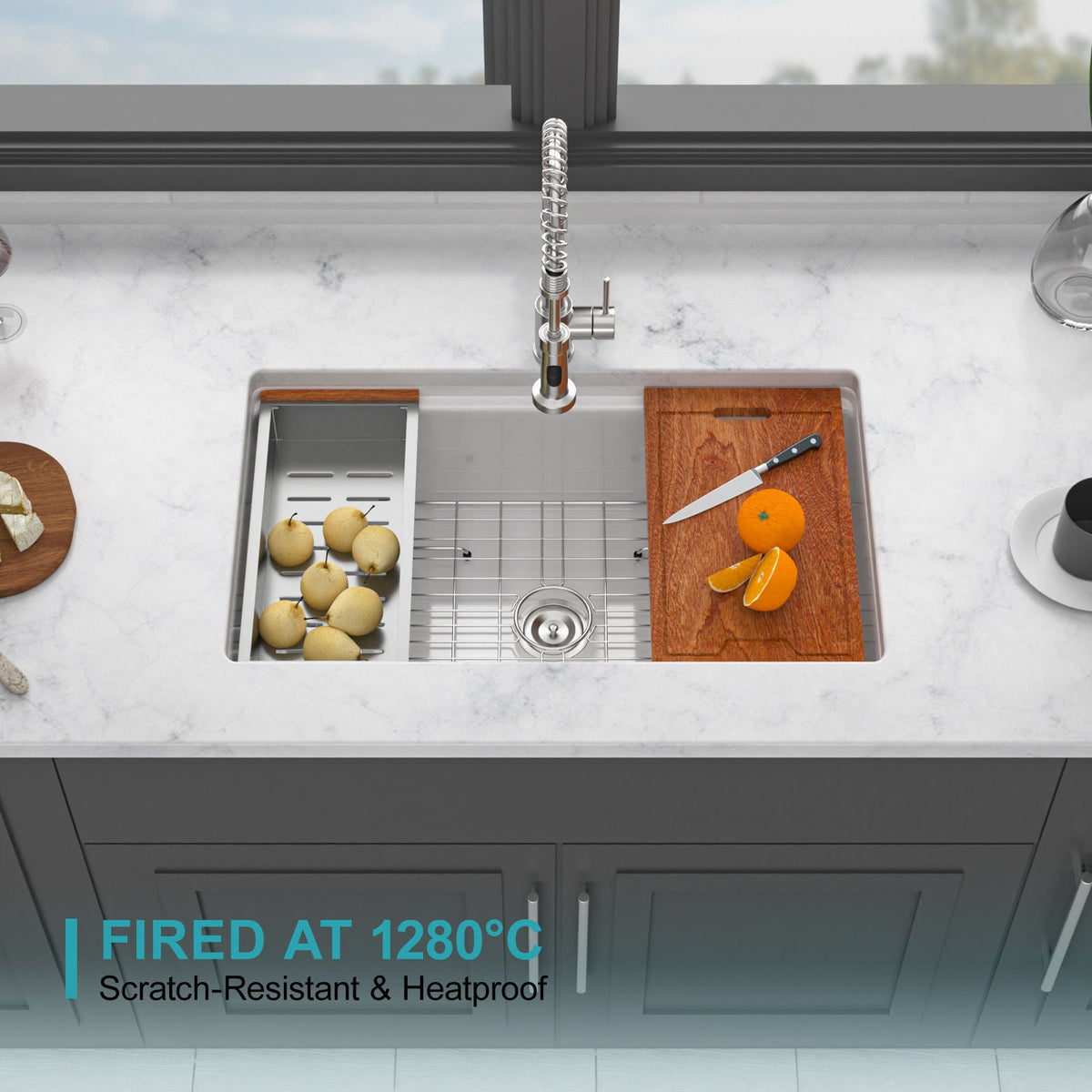 Porcelain Undermount Workstation Single Bowl Kitchen Sink – White