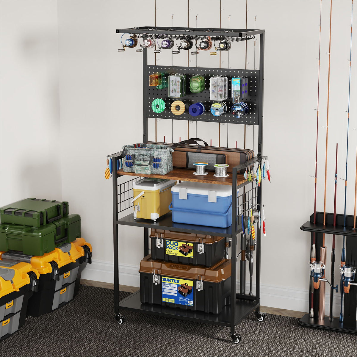 Fishing Rod Storage Rack with Pegboard - Rolling Tackle Organizer Cart - Black